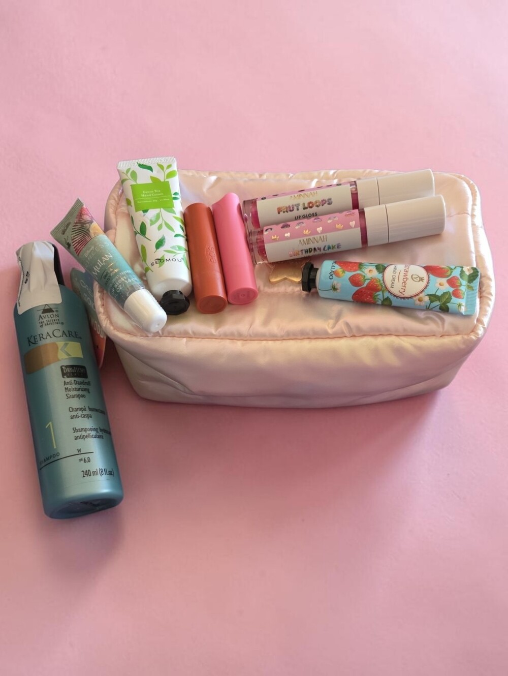 Creme Shop Hollywood Pink Cosmetic Pouch with Lipsticks & Hand Creams